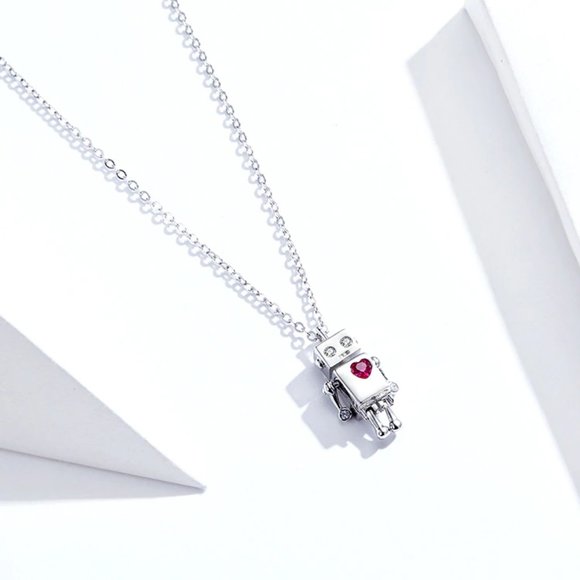 925 Sterling Silver Heart Robot Necklace - Picture 1 of 1